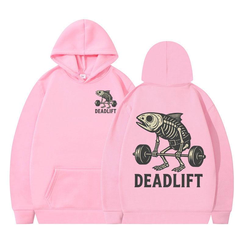 Fish Skeleton Deadlift Fish Bone Gym Workout Vintage Graphic Hoodie Men Women Winter Long-sleeved Fashionable Casual Sportswear