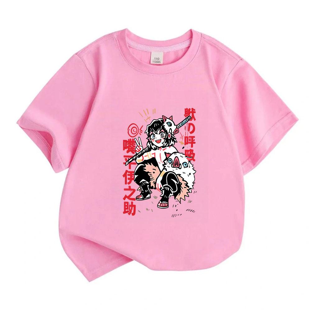 Kids Boys Girls 100% Cotton Crew Neck Short Sleeve T-Shirt, Cute Anime Character Print Casual Summer Tees for Cartoon Demon Slayer Fans Daily Wear Out