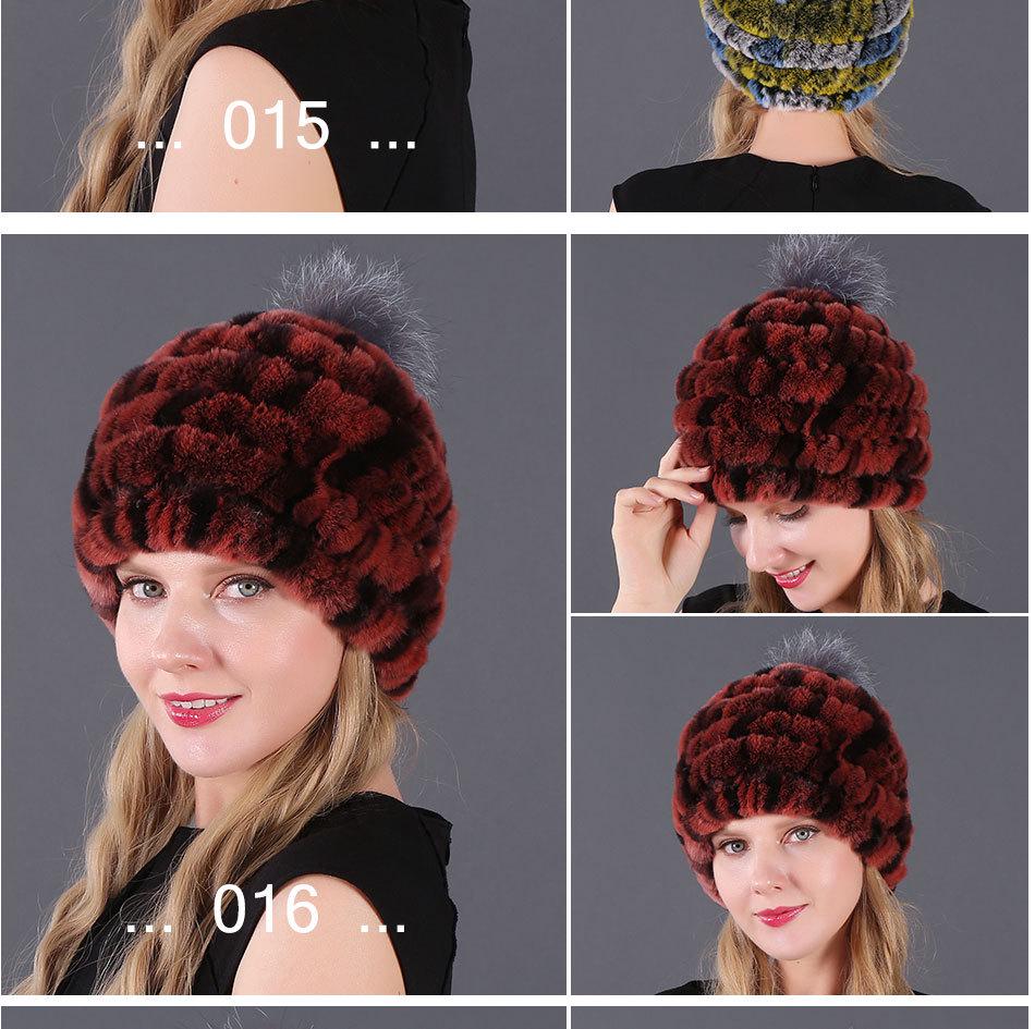 Women's Fur Hat with Rex Rabbit and Fox Fur Pompon for Autumn and Winter