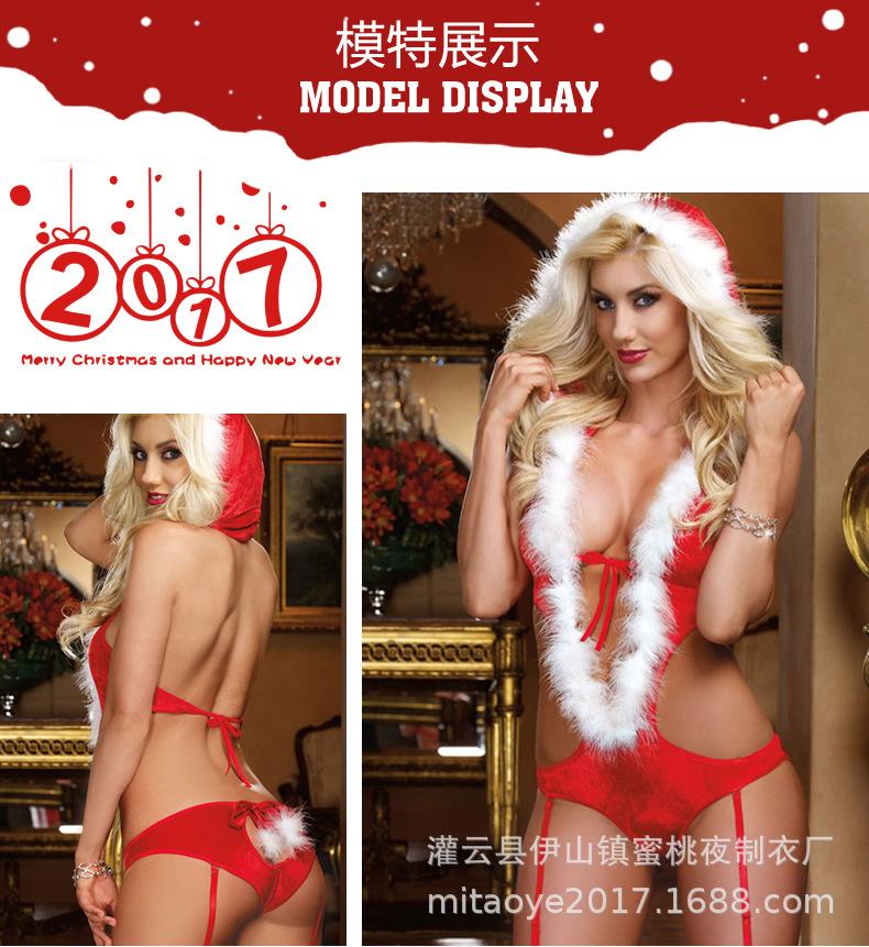 European & American Christmas Hooded Lingerie Set: Sexy Hollowed-Out Bodysuit with Garter Belts