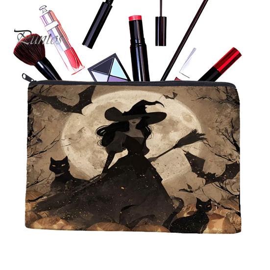Witch Pumpkin Pattern Bag Storage Bag, with Smooth Zipper, Thickened Polyester Large Capacity Zipper Cosmetic Halloween Printed Pouch