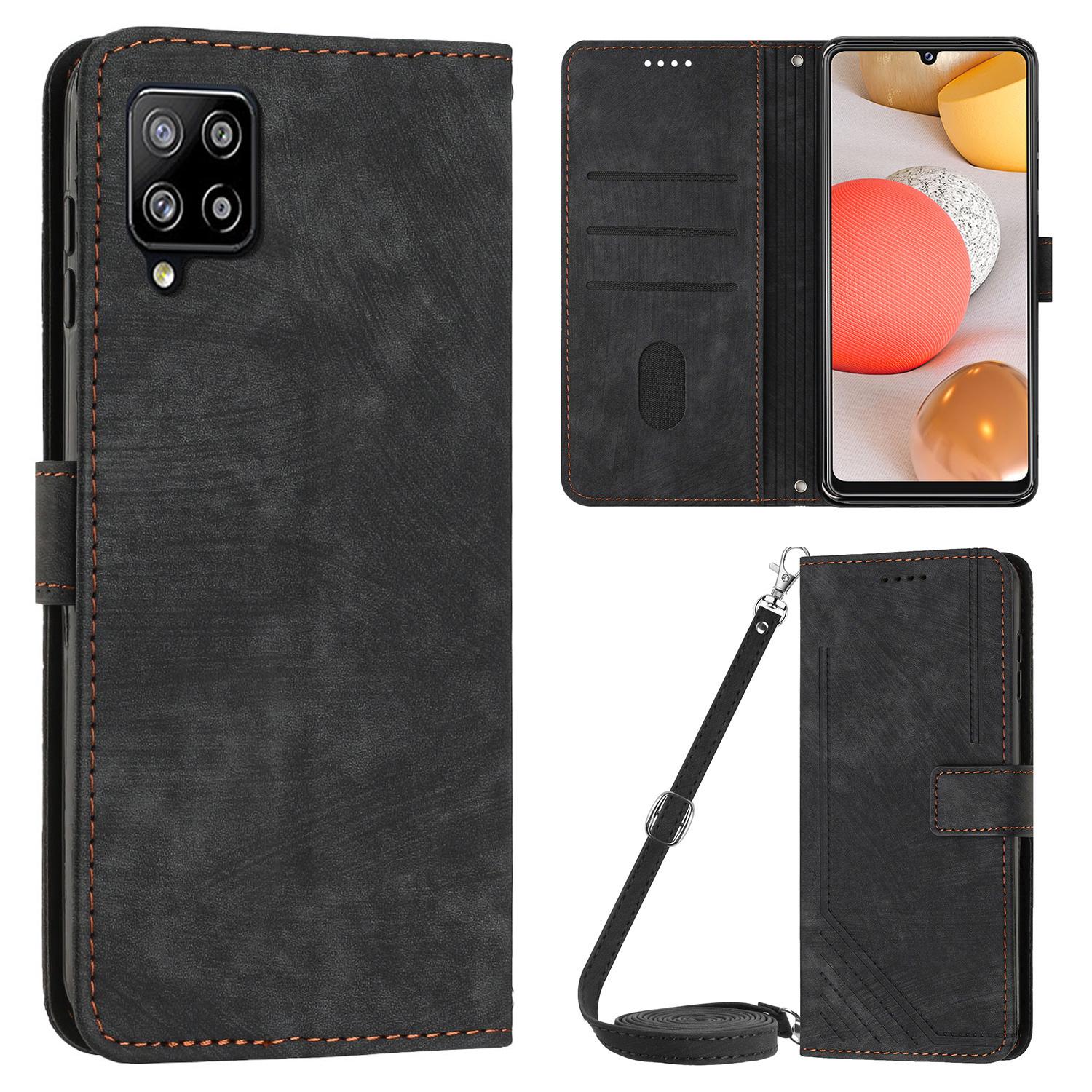 

For Samsung Galaxy A42 5G/M42 5G Imprinted Lines Stand Phone Cover Wallet Case PU Leather Flip Shell Black