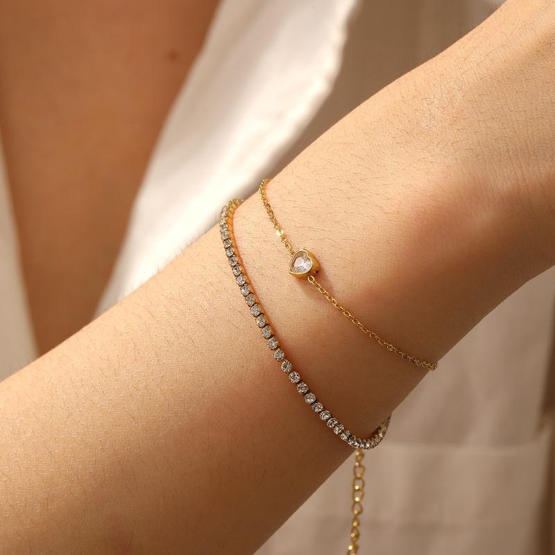 Gold Plated Layered Cubic Zirconia Heart Bracelet Dainty Tennis Chain Jewelry