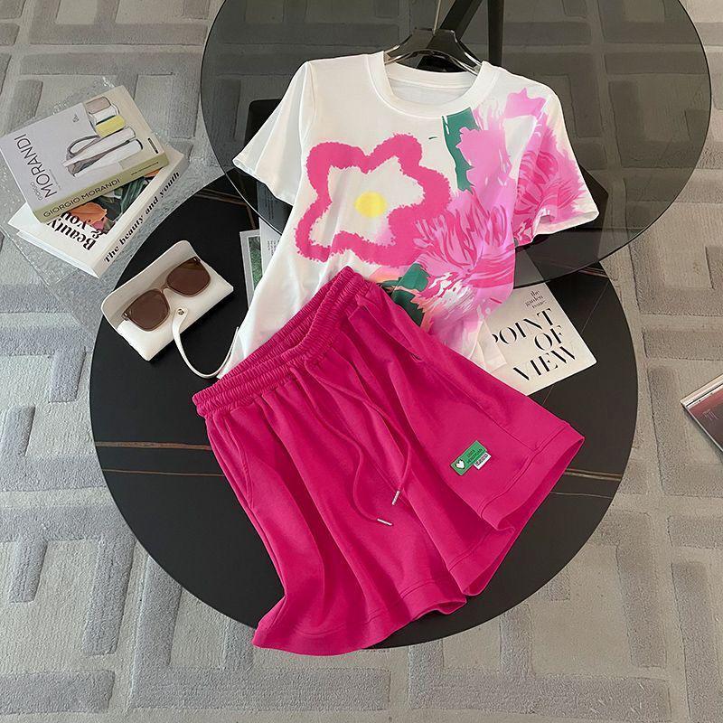

2026 Summer Women s Petite High-Waisted Slimming Two-Piece Set: Printed Top & Pants, Trendy Casual Style L [101-115 lbs]