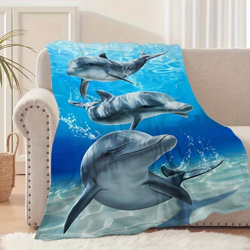 Dolphin Print Flannel Blanket Soft Polyester for Camping Travel Ocean Home Decor & Gifts