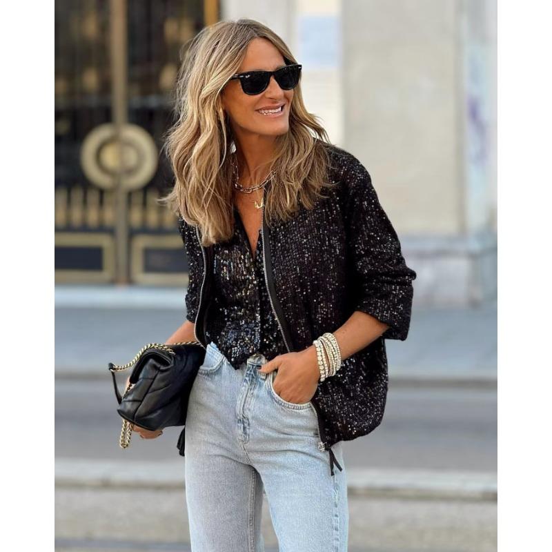 

Женская новая осенне-зимняя повседневная модная классическая куртка с пайетками для ночного клуба XL чёрный