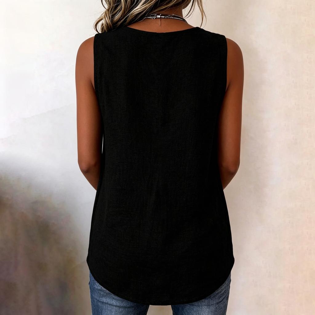 Women’s Sleeveless V Neck Button Front Blouse Loose Fit Casual Summer Tank Top with Pleated