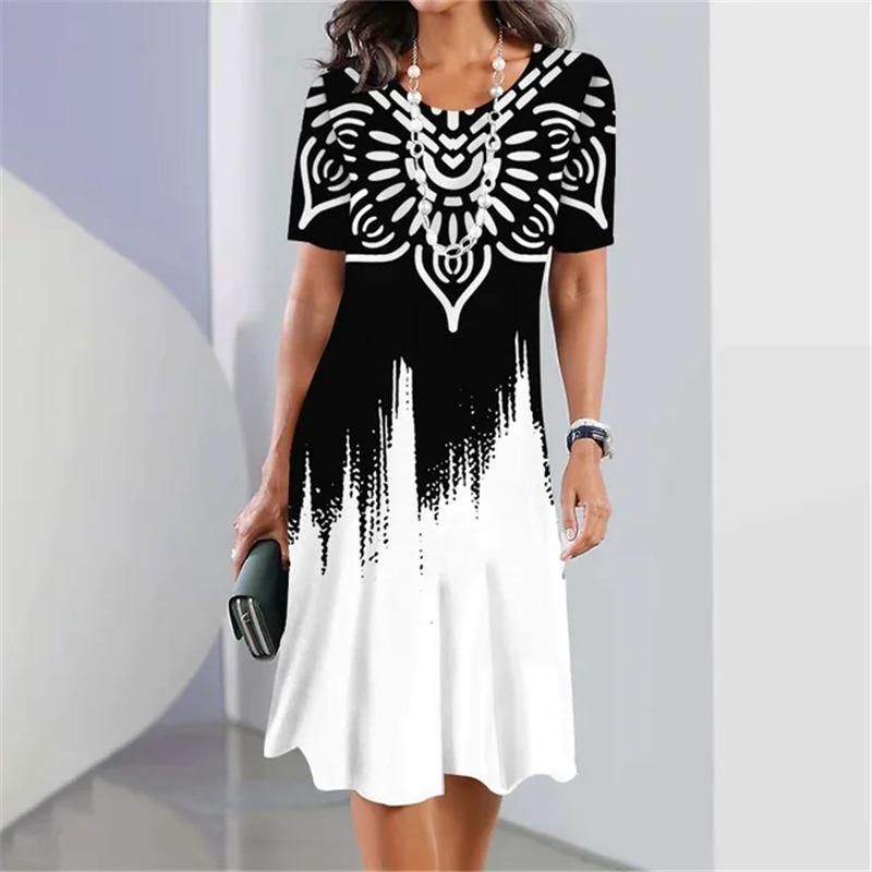 Street Casual Summer Women Dress Plus Size Stripe Splicing Print Short Sleeve Loose A-Line Dress