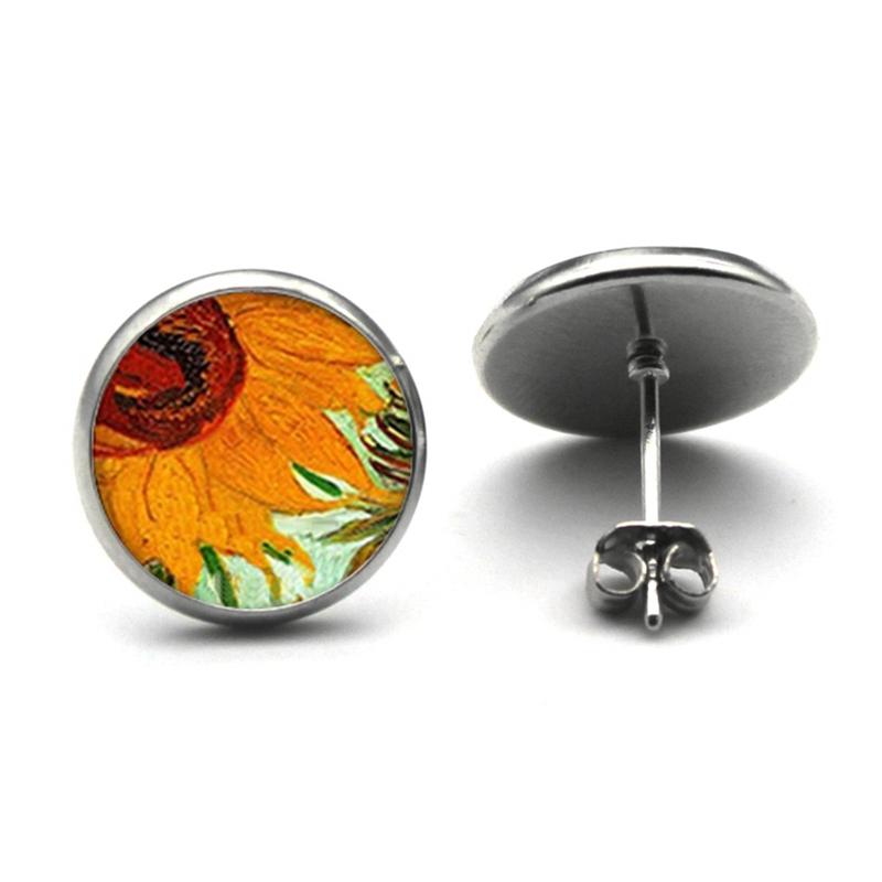 fashion Van Gogh Painting Stud Earrings art The Starry Night Ear Studs Van Gogh Sunflowers Round Jewelry Glass Dome Earrings Silver