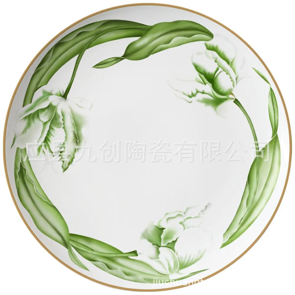 

European and American hand-painted bone china tableware green lotus cushion plate wedding hotel dinner plate türk siyah peynir