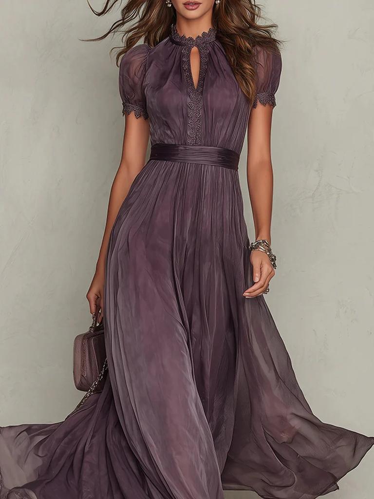 New Style Purple Gradient Long Dress with High Neck Lace Patchwork Flowy Chiffon Evening Gown