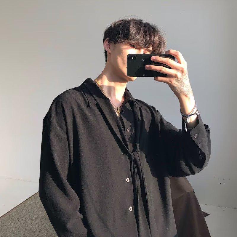 Men's Korean Style Bow Tie Long Sleeve Shirt - Casual Loose Fit, Solid Color, Spring & Autumn Collection