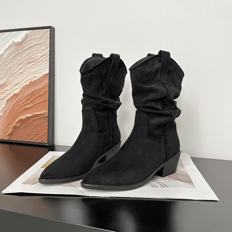 

Ретро замшевые ботильоны с острым носком, женские 2025 осень-зима, V-образный вырез, тонкий толстый каблук, в западном стиле, средней высоты голенища, сапоги-рыцари 40