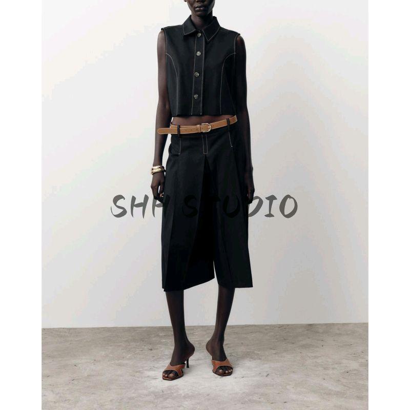 Contrast Color Thread Straight-leg V Neck Vest Jacket 8333723 Pleated Belt Minimalist Casual Pants 8288723