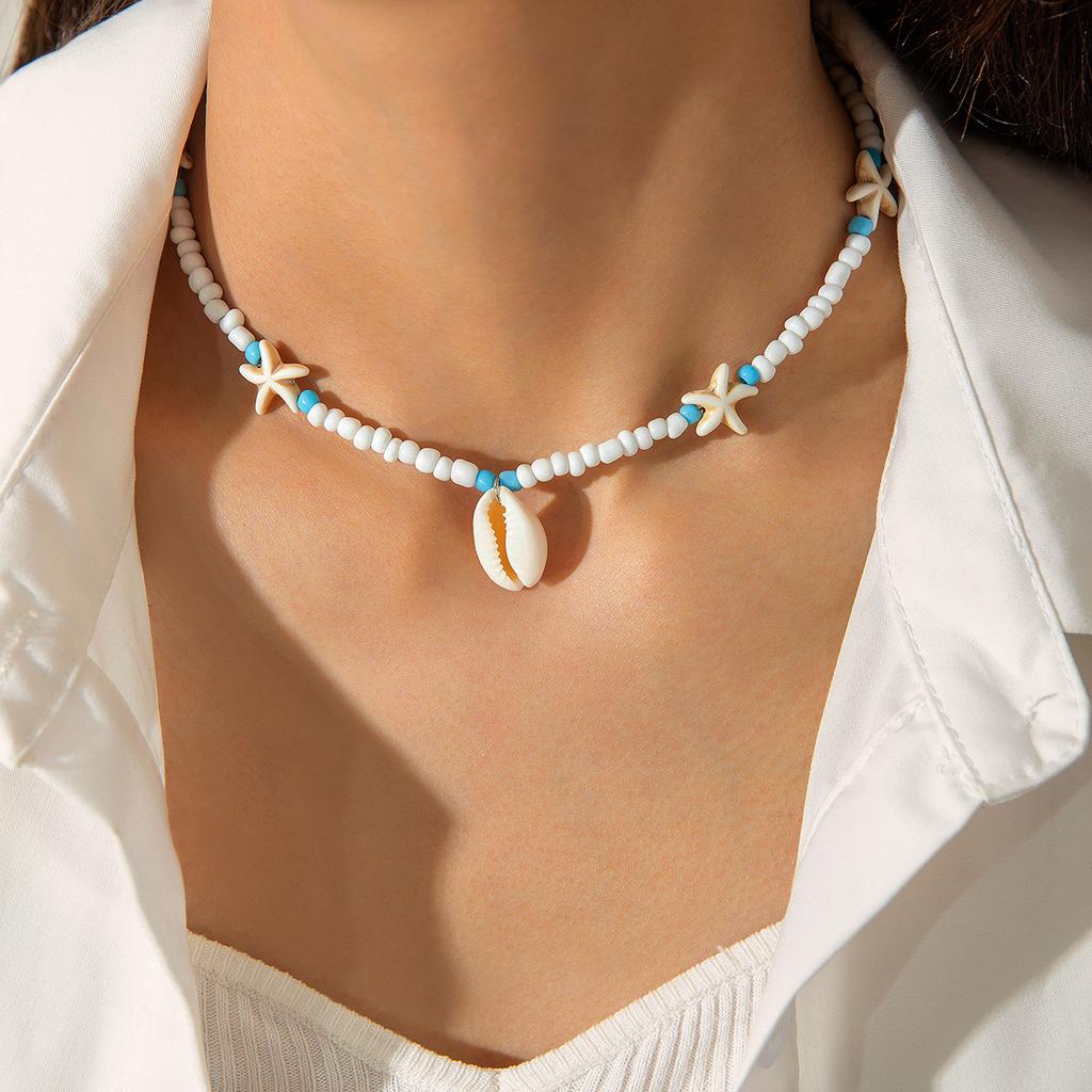 Seaside Vacation Series Beaded Necklace Beach Sea Star Shell Ornament Retro Coconut Tree Scallop Necklace for Women