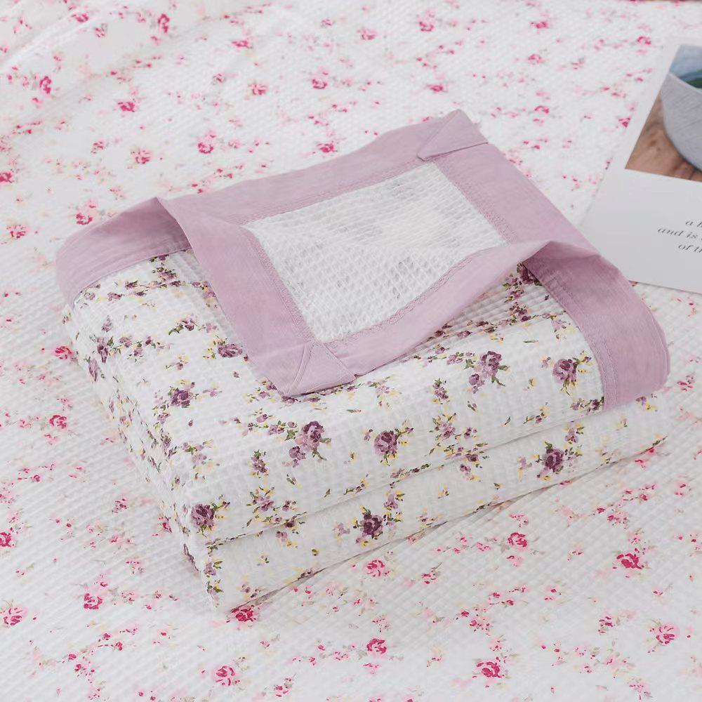 Florale Waffel-Decke aus reiner Baumwolle - Sommer-Kühlbettdecke für Einzel- und Doppelbetten