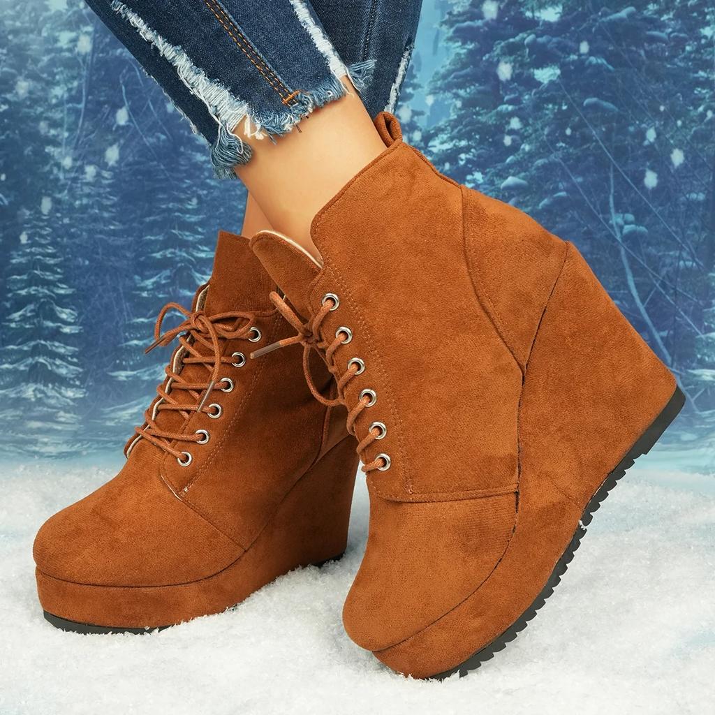 Autumn Winter Women Boots Plus Size Chunky Platform Ankle Boots Woman  New Short Booties Fashion Lace Up Wedge Shoes Women