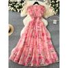 French Style Elegant Dress Women 2025 New Retro Lace Stitching Waist Hugging Temperament Print Frill Long Skirt