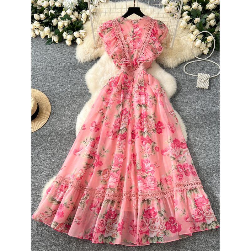 French Style Elegant Dress Women 2025 New Retro Lace Stitching Waist Hugging Temperament Print Frill Long Skirt
