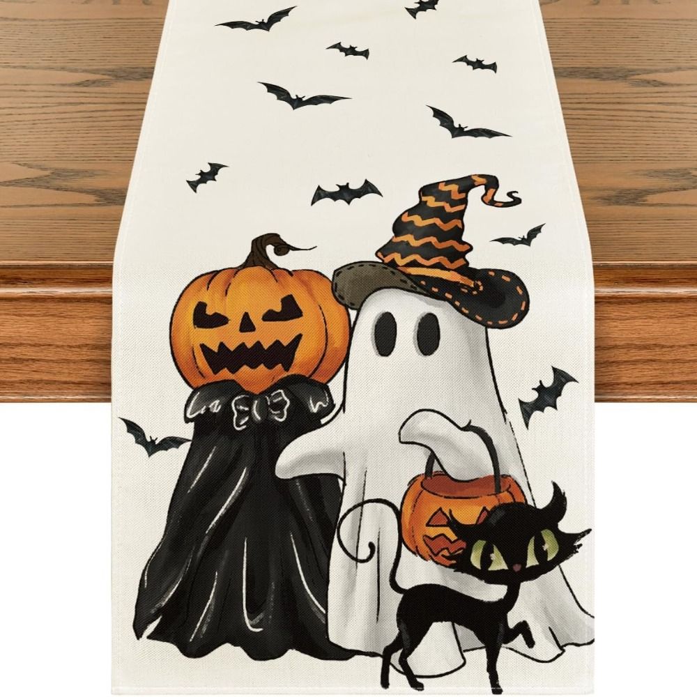 Gresskar Svart Katt Borddekorasjon Spøkelsesmønster Hjemmefestdekor Trendy Halloween Bordløper