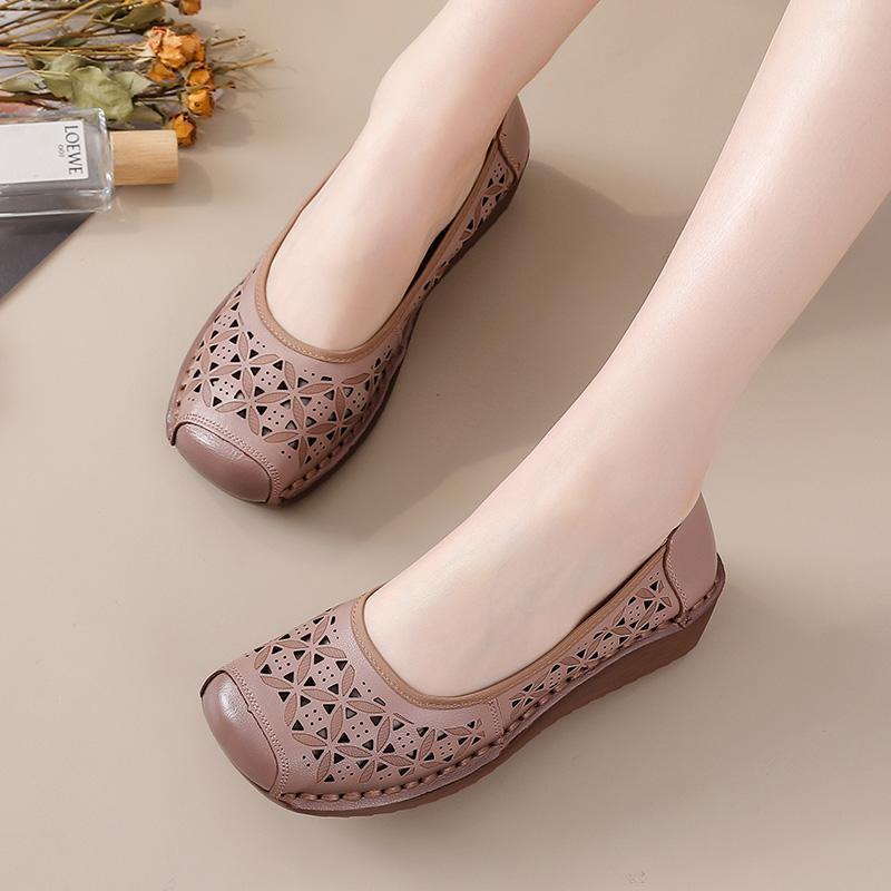 New genuine leather wedged sandals women's breathable summer autumn shoes elderly woman slip on shallow moccasins ladies sandal