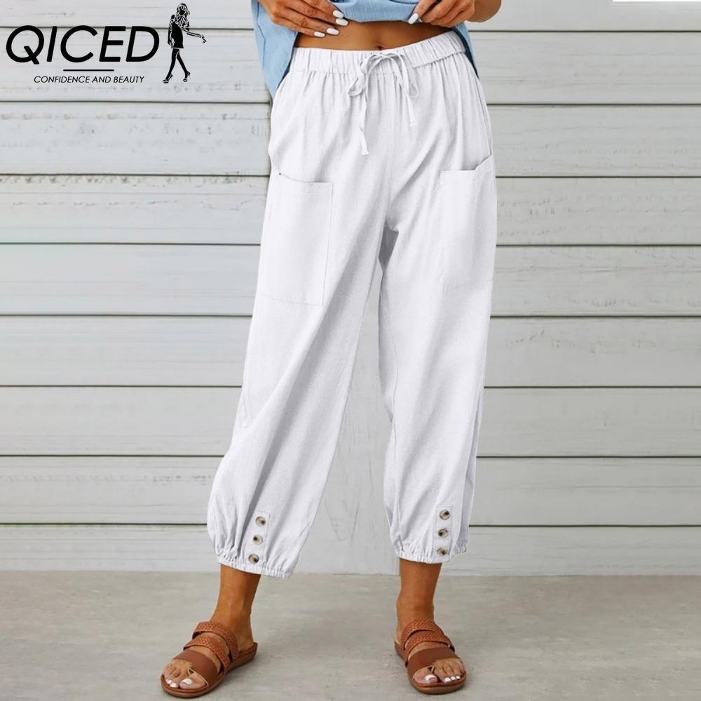 QICED 12 Color Women's Fashion Casual Solid Color Print Pants & Capris