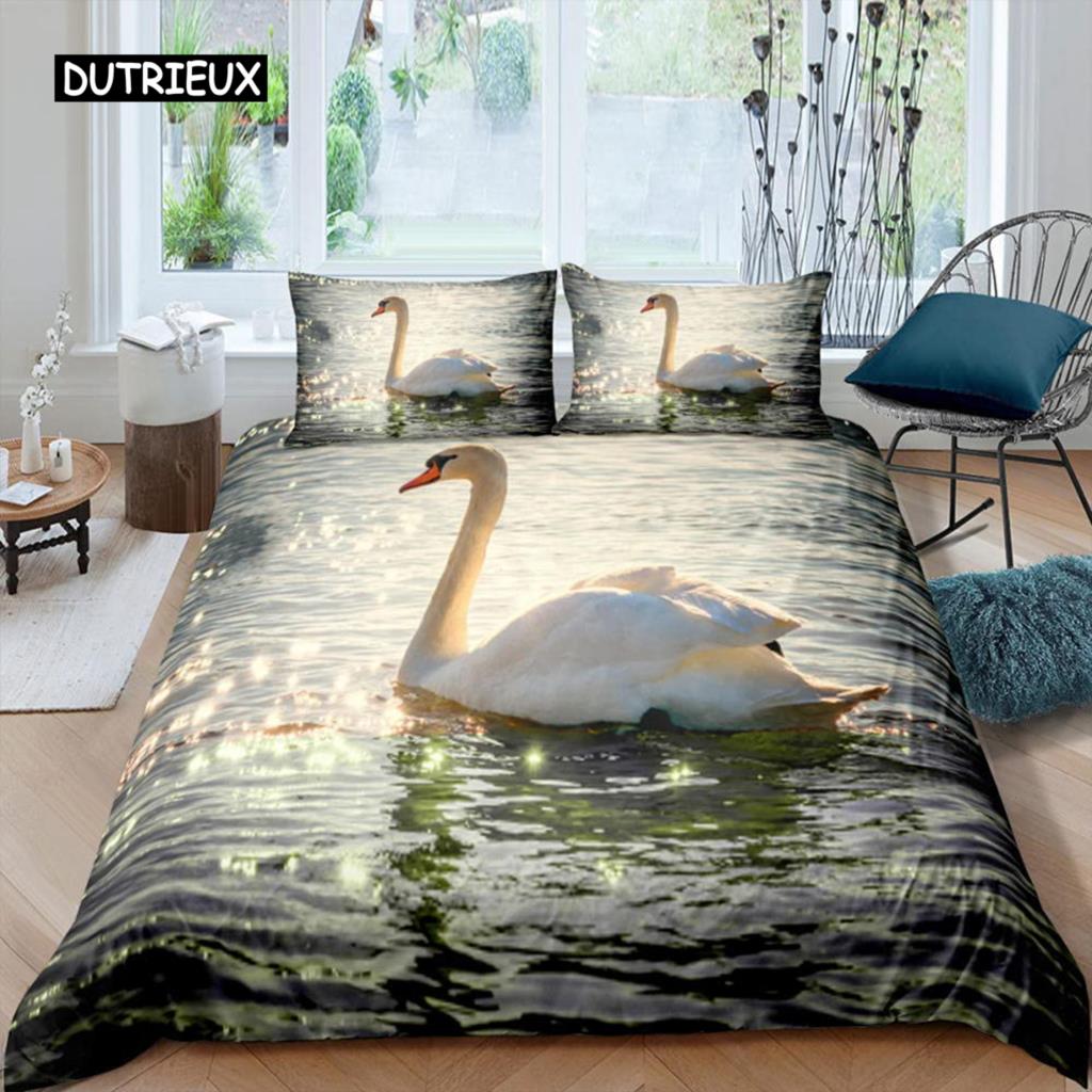 Swan Duvet Cover Black and White Swan Duvet Cover Queen Bird Comforter Cover Microfiber Romantic Flower Wild Animals Quilt Cover