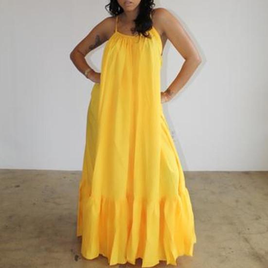 Maxi Dress Backless Casual Floor-length Solid Color Big Swing Strap Pocket Sling Dress for Beach