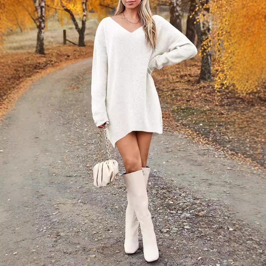 V-Neck Loose Fit Knit Dress in Multi-colors S