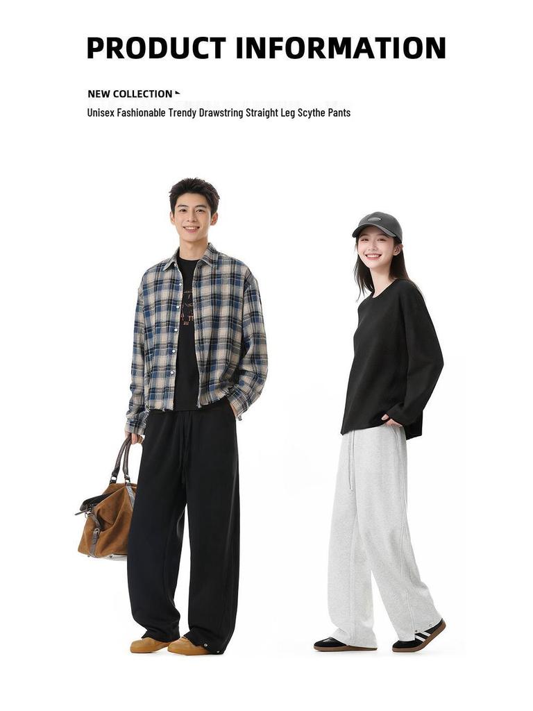 Men's Hong Kong Style Loose Knit Sweatpants: Casual Straight Leg Drawstring, Floor Length, Wide Leg, for Spring and Autumn