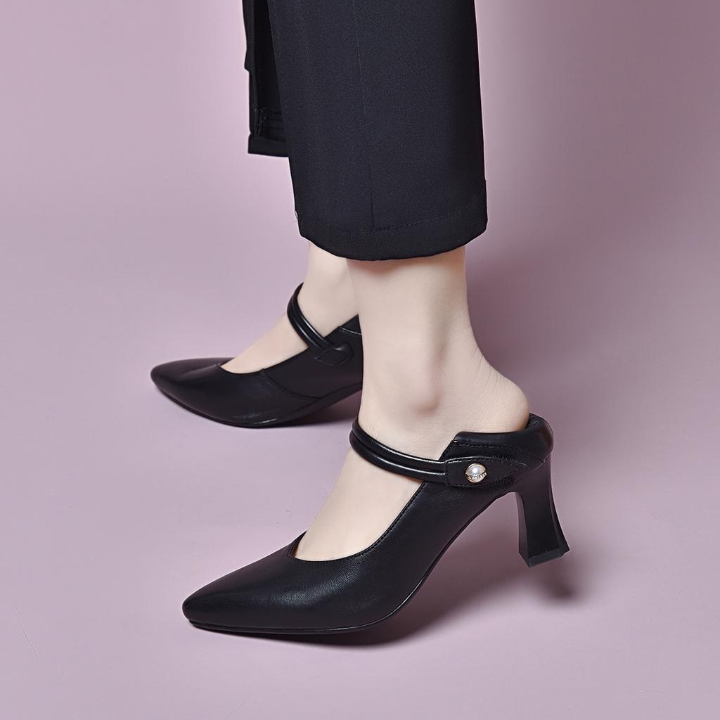 Pointed high heels women's spring sheepskin shallow mouth single shoes one-word buckle work shoes formal women's shoes