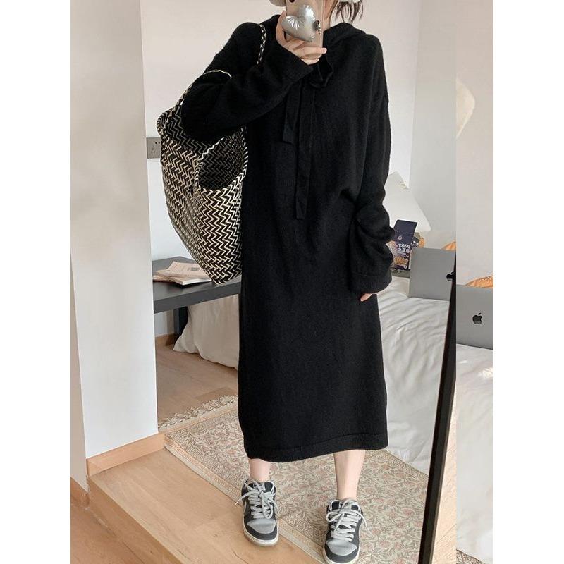 

Платье с бантом женское осенне-зимнее с пальто большого размера средней длины внутри с подкладкой с капюшоном свободный вязаный свитер юбка one size fits all