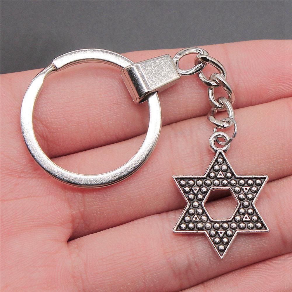 Star of David Talisman Amulet Pendant Antique Bronze Metal Keychain with 30mm Ring for Boys Bag Charm