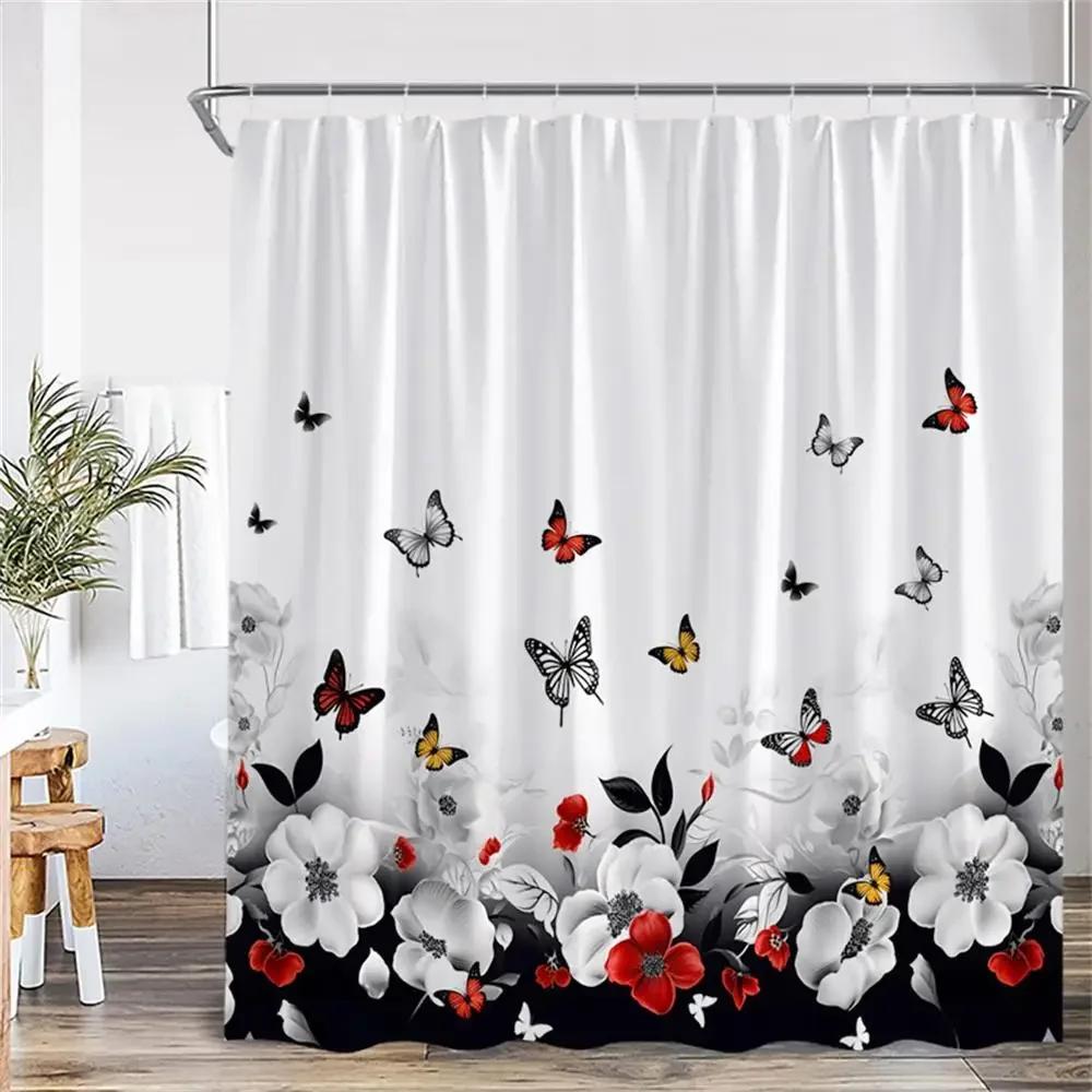 Floral Blue Butterfly Shower Curtain Purple Flowers Butterflies Plant Polyester Fabric Bathroom Decor Bath Curtains With Hooks