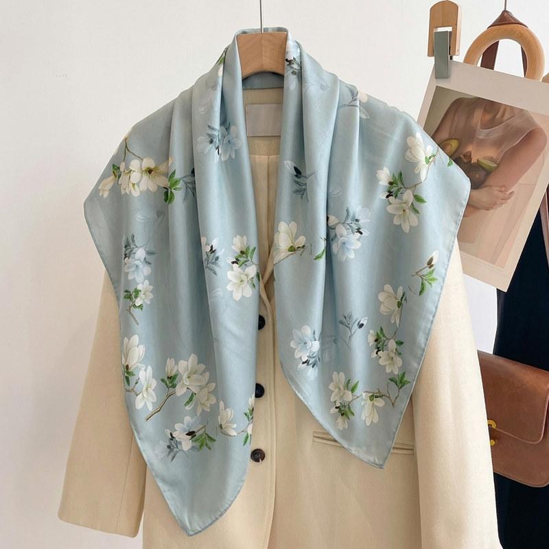 Elegant Chinese style blue magnolia silk large square scarf shawl silk scarf female gift mother mother mother-in-law elders