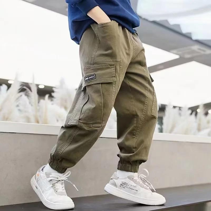 Boys Cargo Pants winter Streetwear Jogger Sweatpant Trousers Teenage Kids Elastic Waist Long Pants for Children 10 to 12 Years