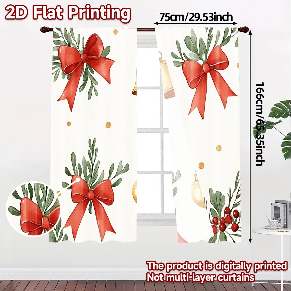 2pcs,Curtains Christmas Bells Ornaments Leaves Bows (2) Chic Curtains&Drapes Polyester Easy Install Curtains Gifts Decorative