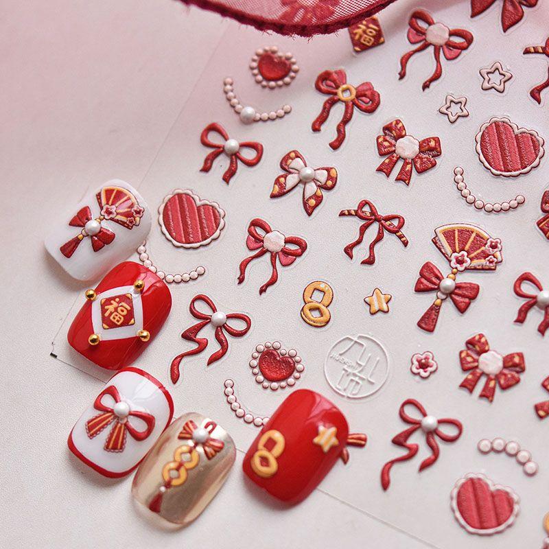 

National Style Red Bows Nail Stickers New Arrival Three-Dimensional 5D Relief 3D New Year Spring Festival Nail Stickers Decorations Hongfu Bows 4655((Crystal Drill))