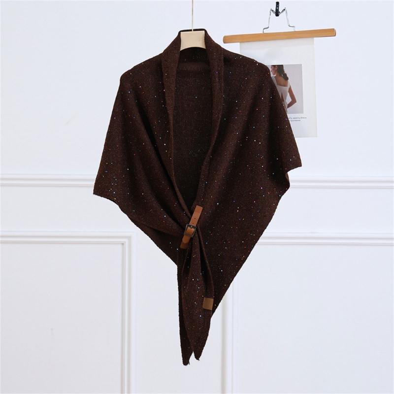 Solid Color Wool Blend Triangular Stole With Leather Clasp Warm Soft Scarf Wrap For Women Lady Winter Autumn Accessory