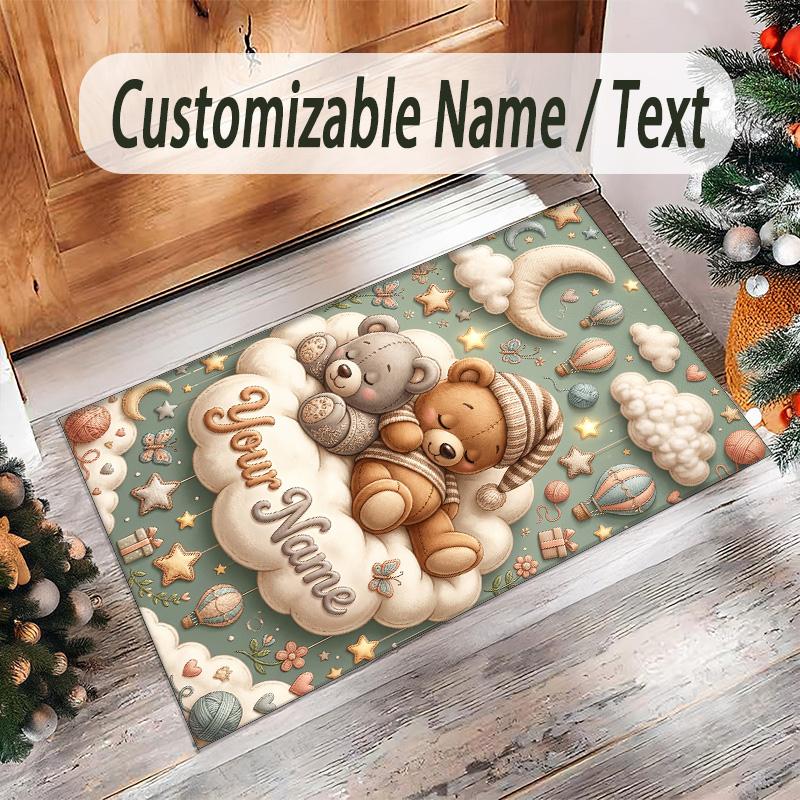 Teddy Bear Theme Crystal Velvet Rug Personalized Custom Name Text Soft Floor Mat Home Decor
