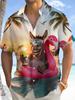 Camisa Hawaiana de Manga Corta con Botones para Hombre, Estampado de Playa con Burro, Flamenco y Palmera, que Absorbe la Humedad