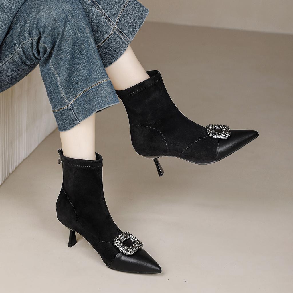 Pointed Fashion High Heel Boots Slim Heel Chelsea Boots Rhinestone Square Buckle Skinny Boots Medium Boots