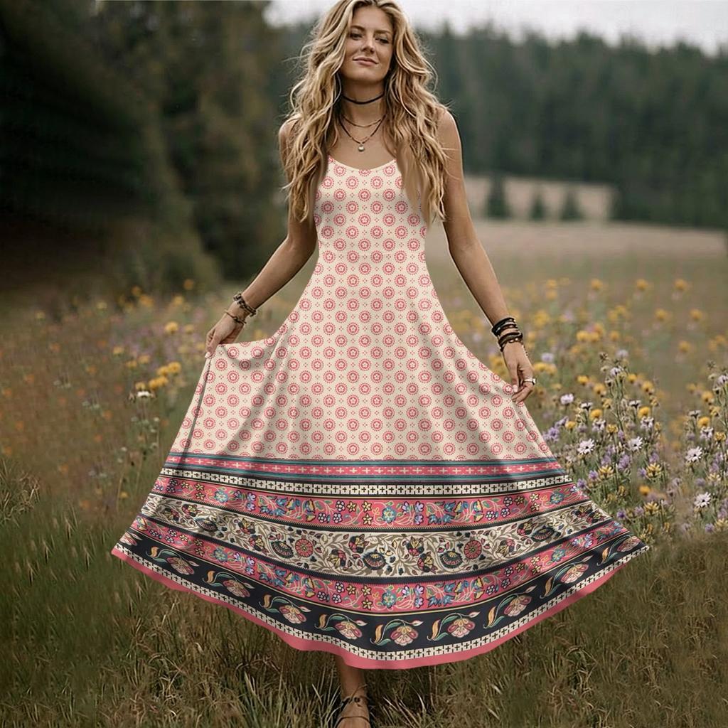 Women’s Sleeveless V Neck Maxi Dress with Spaghetti Straps and Floral Print Loose Fit Summer Long Dress for Daily Wear