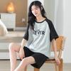 Summer comfortable crew neck pajamas for women, striped cartoon short-sleeve three-piece loungewear, in stock, direct order