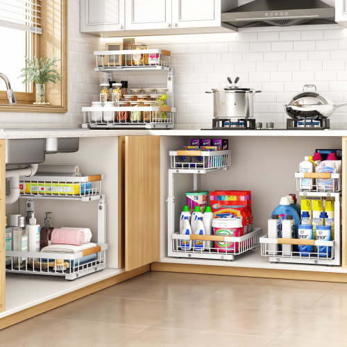 HASONA Under-Sink Storage, Sliding Kitchen Storage, Set of 2, L-Shaped, 2-Tier Drawer, Under-Sink Storage Rack, Condiment Storage, Metal, Adjustable H