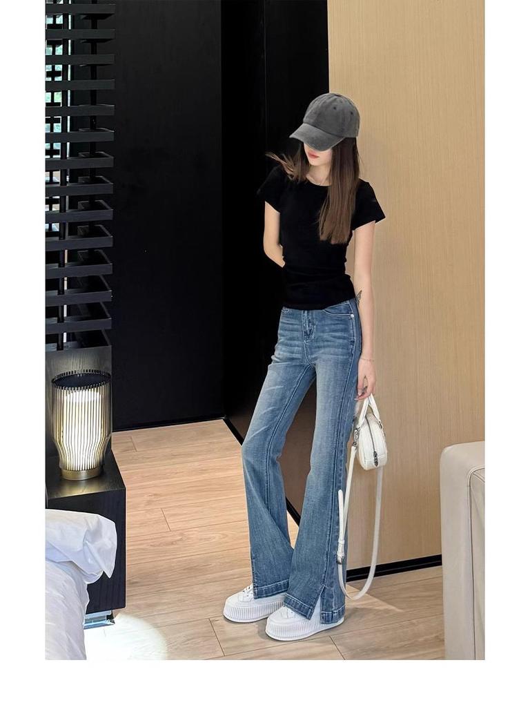 Jaro/Léto Influencer Strečové Džíny s Vysokým Pasem, Rozparkem a Širokými Zvonovými Nohavicemi - Petite Casual Wear