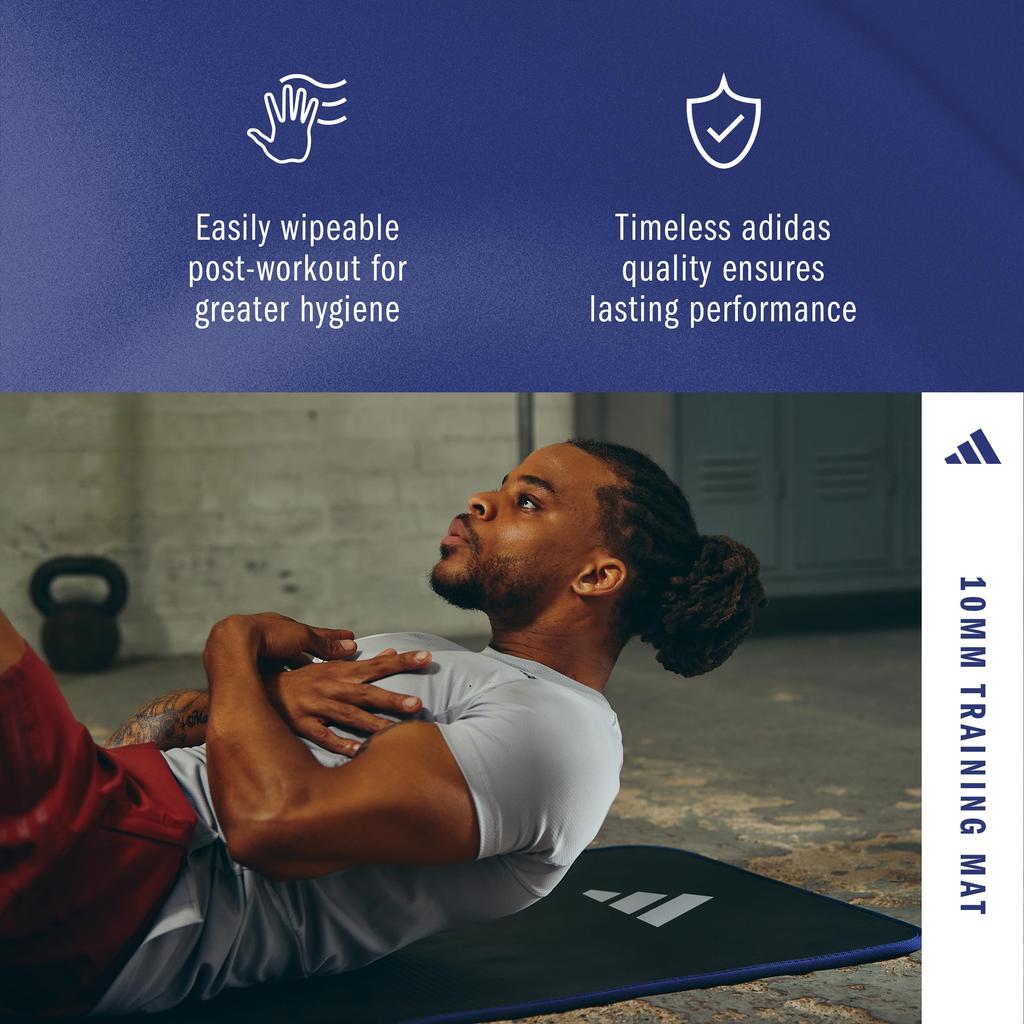 adidas Training 10mm with Carry Mat/Yoga Mat, Thick, Wide, Durable, Non-Slip, Strap, ADMT-12235BL, Black/Blue