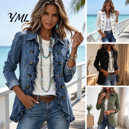 Umlegekragen Jacken Damen Böhmische Blumenjacke, Gerüschter Offener Mantel, Jacke Schlanke Passform Lässig Langarm Oberbekleidung für den Herbst