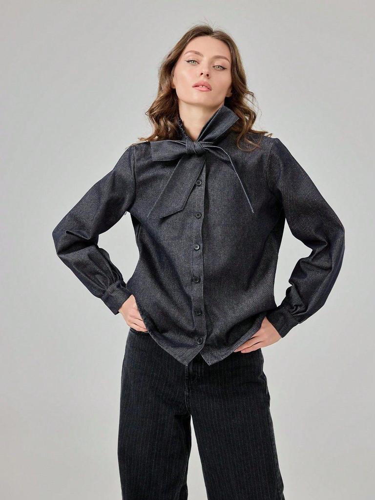 Women's Versatile Bow-Accent Long Sleeve Denim Shirt