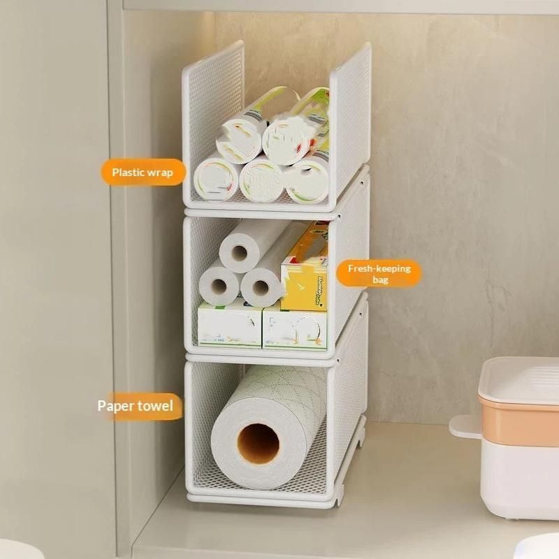 Stackable Kitchen Storage Baskets Easy Install Pantry Racks for Spices Plastic Wrap Paper Towel Kitchen Organization
